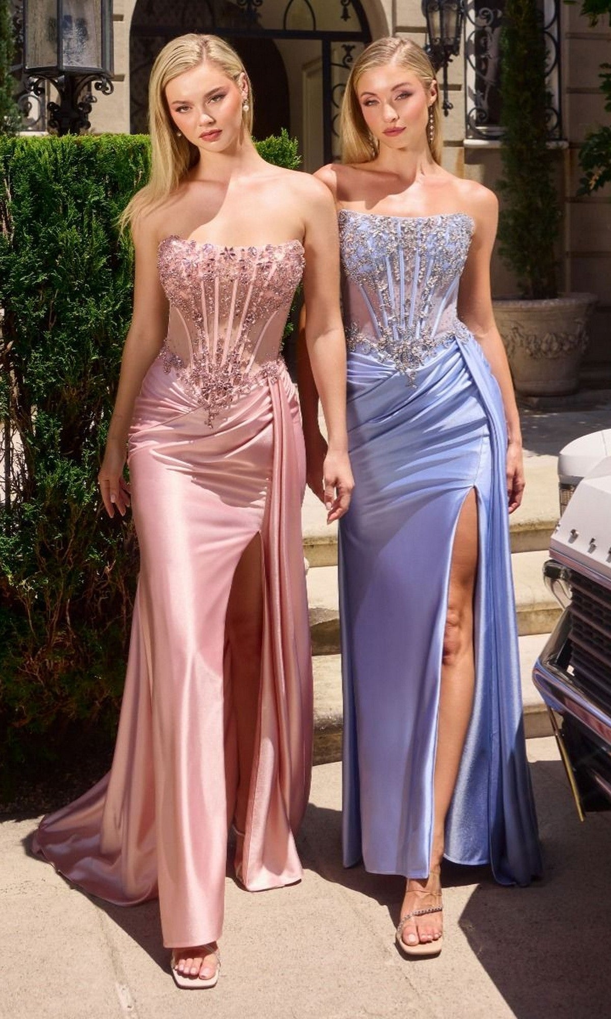 Beaded-Corset Strapless Long Prom Dress with Side Sash– PromGirl