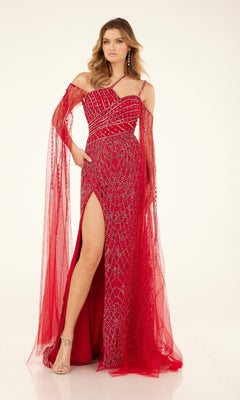 A woman stands facing forward in the Cecilia Couture C280—a sparkly red beaded formal dress with a high leg slit, sheer draped sleeves, and an elegant one-shoulder design.