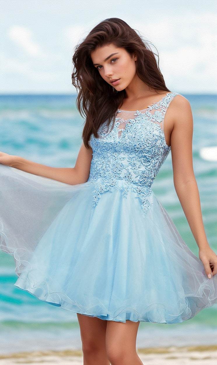 Short A-Line Prom Dress with Sheer Bodice - PromGirl