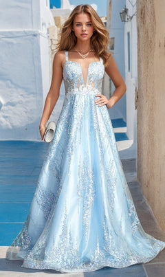 A woman wearing the Light Blue Long Glitter Prom Dress: Chicas C821, featuring a shimmering corset bodice, stands in a sunlit white-walled alley holding a silver clutch.