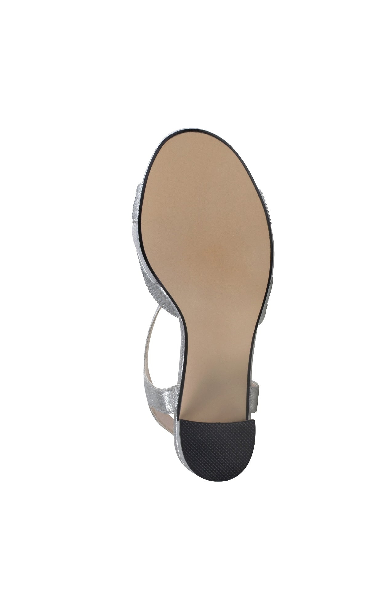 The image displays the sole of the Cam Silver Shimmer Prom Dress Shoe (Touch Ups 4638), featuring a beige bottom and black textured block heel tip, shown from the bottom with an open-toe silver design.