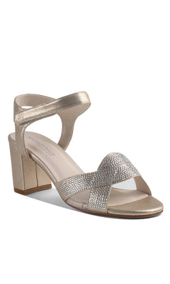 The Cam Champagne Prom Shoes: Touch Ups 4639 feature a metallic block heel, velcro ankle strap, and crisscross rhinestone-adorned toe straps—perfect shimmering footwear for prom night.