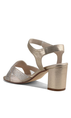 The Cam Champagne Prom Shoes: Touch Ups 4639 are gold open-toe sandals with a mid-height block heel, velcro ankle strap, and rhinestone front strap—ideal for prom or any special occasion.