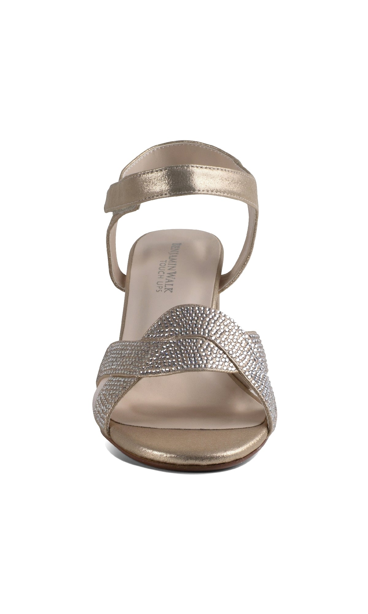 Front view of Cam Champagne Prom Shoes: Touch Ups 4639, a gold open-toe sandal with a velcro ankle strap and textured crisscross toe band, perfect for prom.