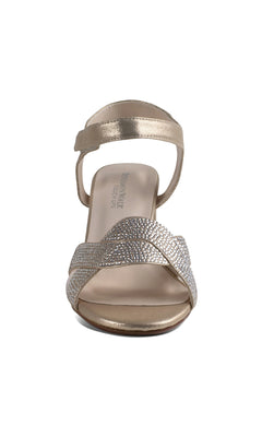 Front view of Cam Champagne Prom Shoes: Touch Ups 4639, a gold open-toe sandal with a velcro ankle strap and textured crisscross toe band, perfect for prom.