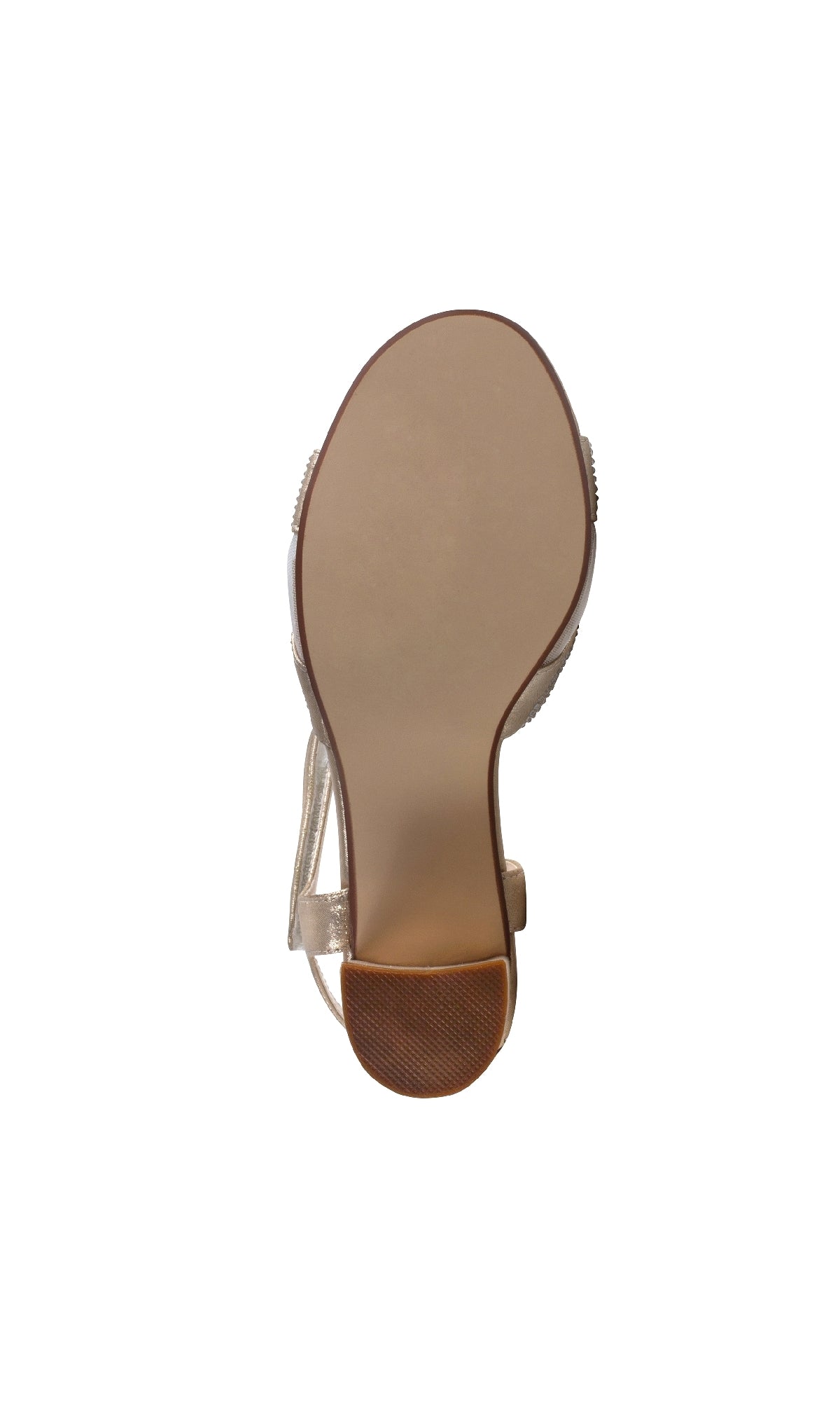 Bottom view of the Cam Champagne Prom Shoes: Touch Ups 4639, showing a smooth beige sole, black heel, textured brown heel tip, and a velcro ankle strap across the back.