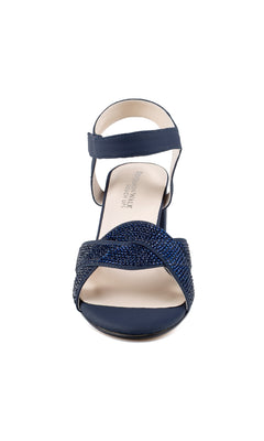 Front view of Cam Navy Blue Shimmer Prom Shoes: Touch Ups 4640, featuring ankle strap, textured crisscross toe straps, and block heels—ideal shimmer dress shoes for any special occasion.