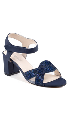 The Cam Navy Blue Shimmer Prom Shoes by Touch Ups 4640 feature open toes, a secure ankle strap, block heels, and rhinestone-embellished cross straps—ideal as elegant navy blue prom shoes or shimmer dress sandals.