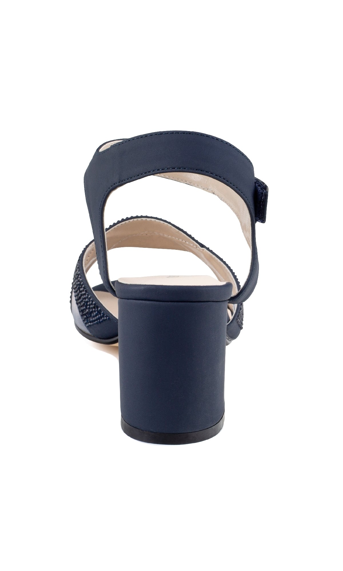 Rear view of Cam Navy Blue Shimmer Prom Shoes: Touch Ups 4640, featuring an ankle strap, open heel, and low block heels, displayed against a white background.