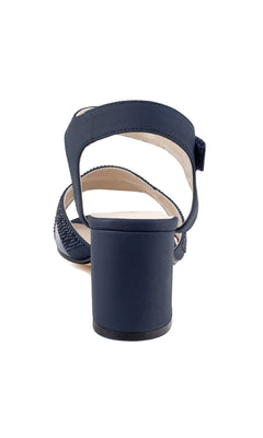 Rear view of Cam Navy Blue Shimmer Prom Shoes: Touch Ups 4640, featuring an ankle strap, open heel, and low block heels, displayed against a white background.