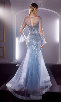 Long-Sleeve Sequin Blue Long Prom Dress CB122