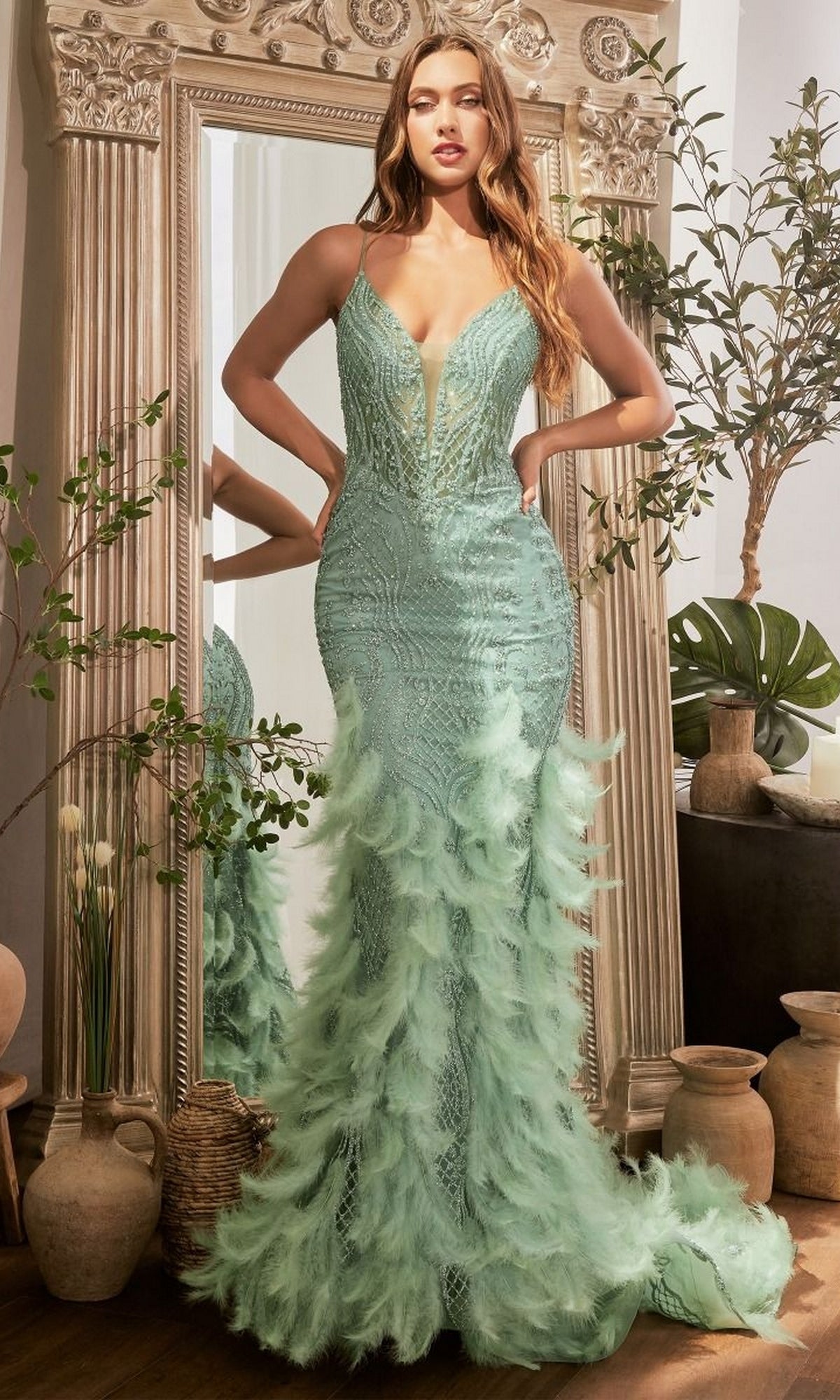 Feather-Trimmed Glitter-Print Long Prom Dress CC1608