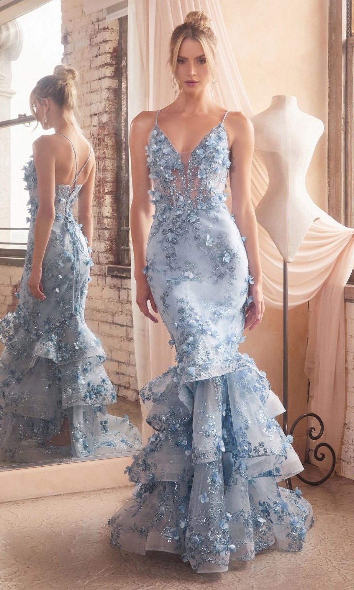 Embroidered Long Tiered Mermaid Prom Dress CC2288