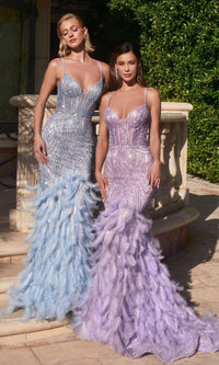 Feather-Trim Long Beaded Mermaid Prom Dress CC2308