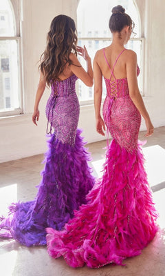 Two women model the Feather-Trim Long Beaded Mermaid Prom Dress CC2308—one in purple, one in pink—standing side by side by bright windows. Their glamorous floor-length gowns are perfect for any special occasion.