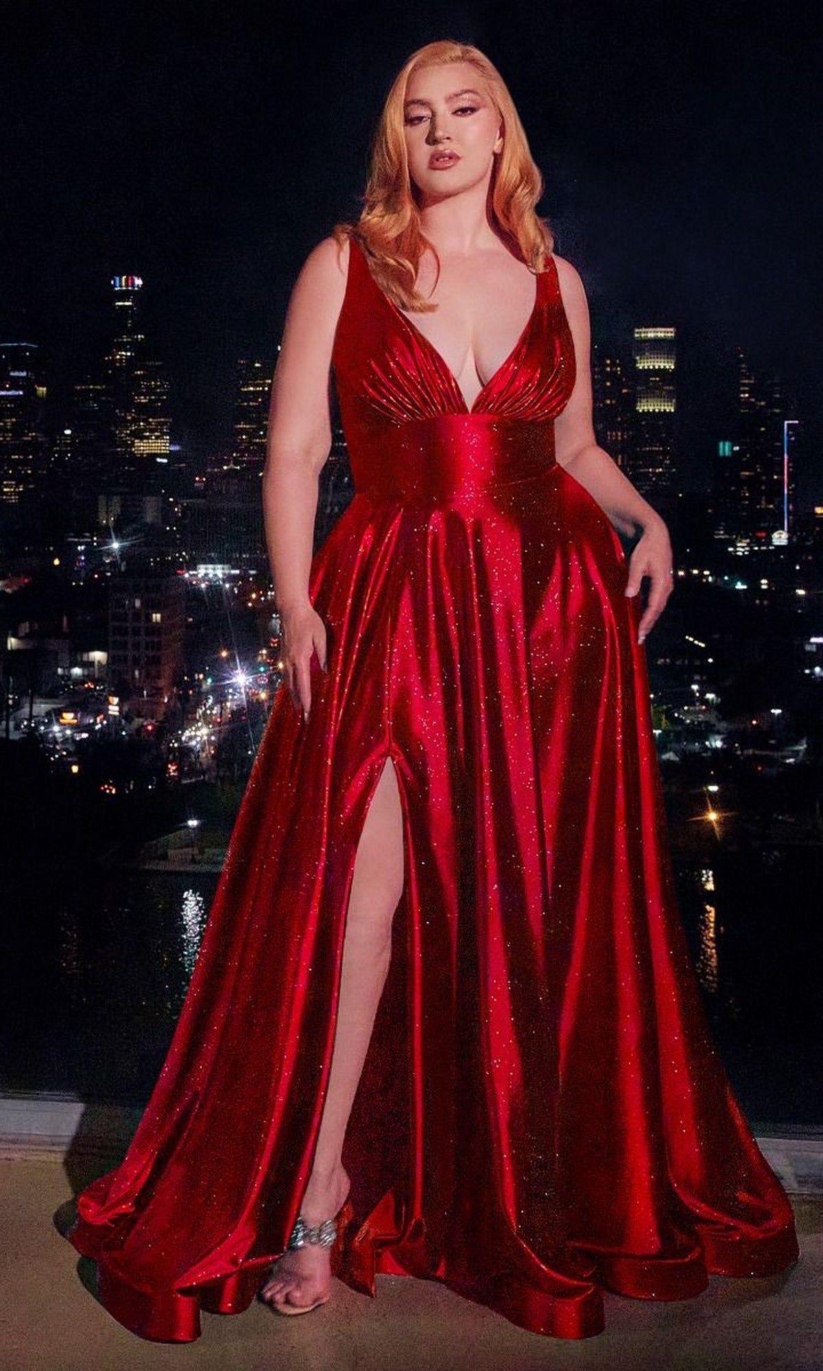 open lace back dress Long Prom Dress 2022 Red Shiny Satin Sleeveless Horsehair Hem 14 / Custom Color main image 0