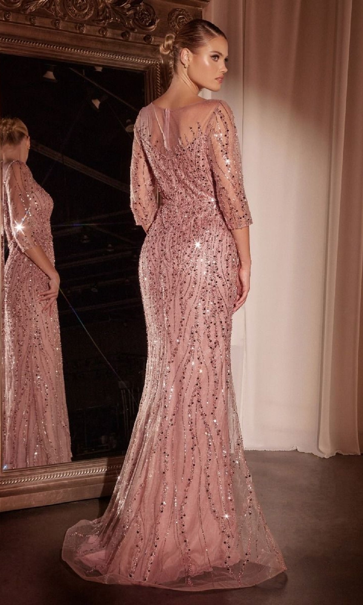Sequin Evening Gown with Three-Quarter Sheer Sleeves Navy / 14