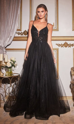 A woman stands facing forward in the Sheer-Corset Long Prom Ball Gown CD0154 in black, showing the sheer beaded corset bodice and floor-length glitter-tulle ball gown skirt.