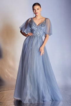 A woman wears the Ladivine CD0175 Bell-Sleeve Glitter Formal Dress, a floor-length light blue gown with beaded v-neck, sheer flutter sleeves, an embellished fitted bodice, and a softly flared skirt.