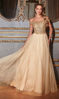 A woman in the Ladivine CD0177 Beaded-Bodice Long Prom Dress poses in a gold-trimmed room, showcasing the dress’s off-the-shoulder style, sequined bodice, and tulle skirt for a glamorous, sparkling look.