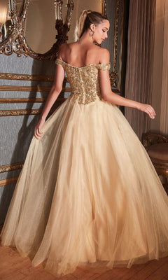 A woman wearing the Beaded-Bodice Long Prom Dress: Ladivine CD0177 stands indoors, facing away, framed by ornate decor and a mirror in the background.