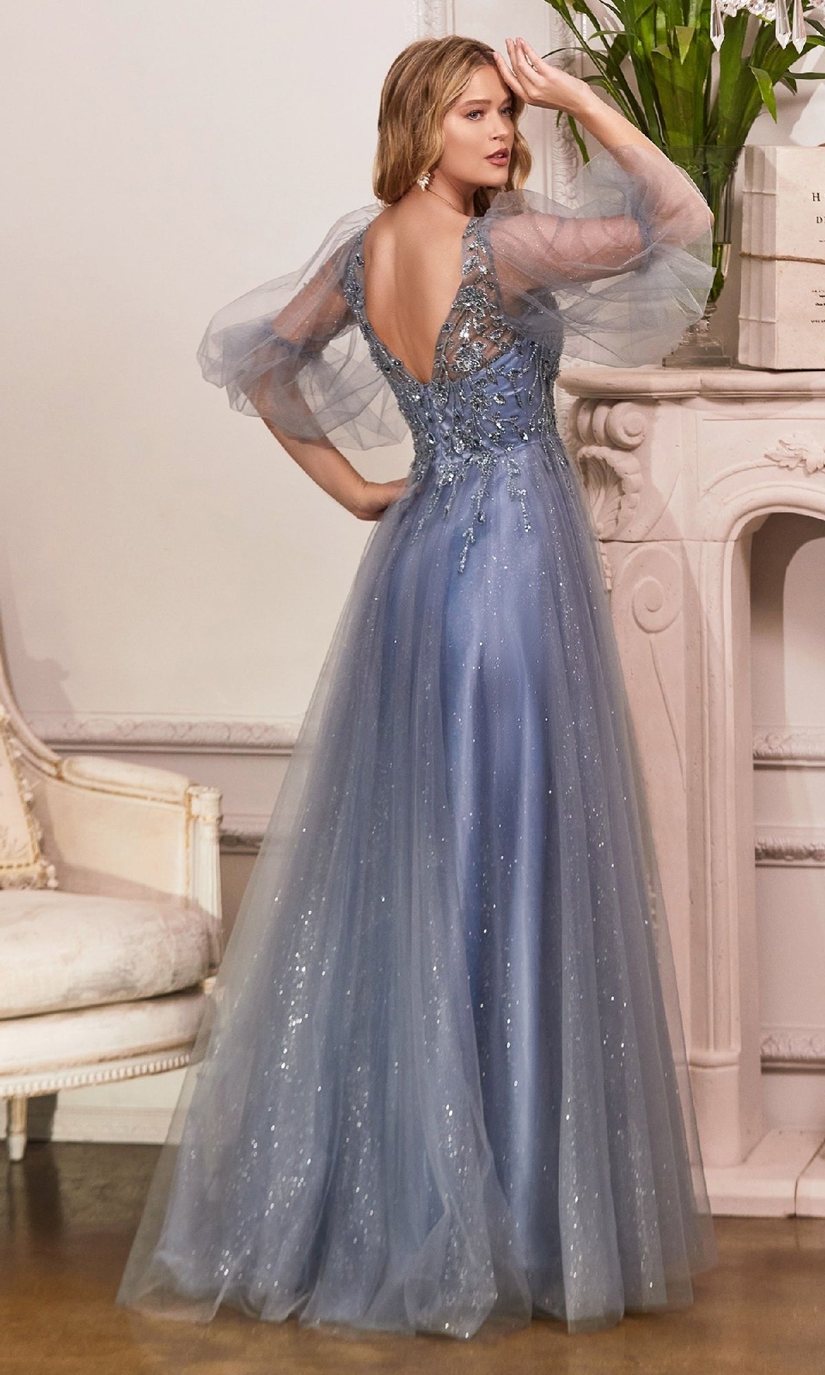 Long Glitter Prom Dress with Sheer Balloon Sleeves– PromGirl