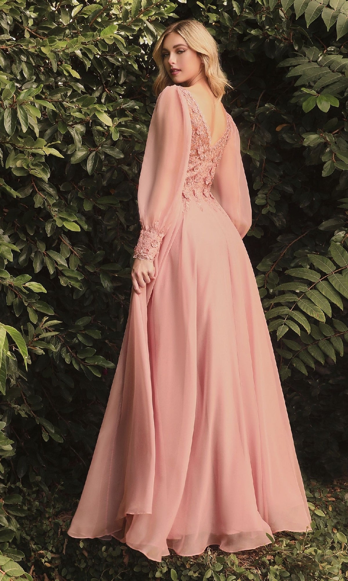 Lace-Bodice Modest Long Formal Dress with Long Sleeves Rose Gold / 5XLarge
