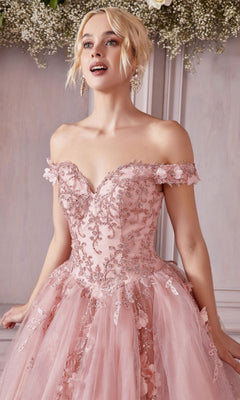 A woman stands indoors, smiling and looking upward in the Off-Shoulder Long Sweetheart Prom Ball Gown CD0185 adorned with floral-lace appliques.