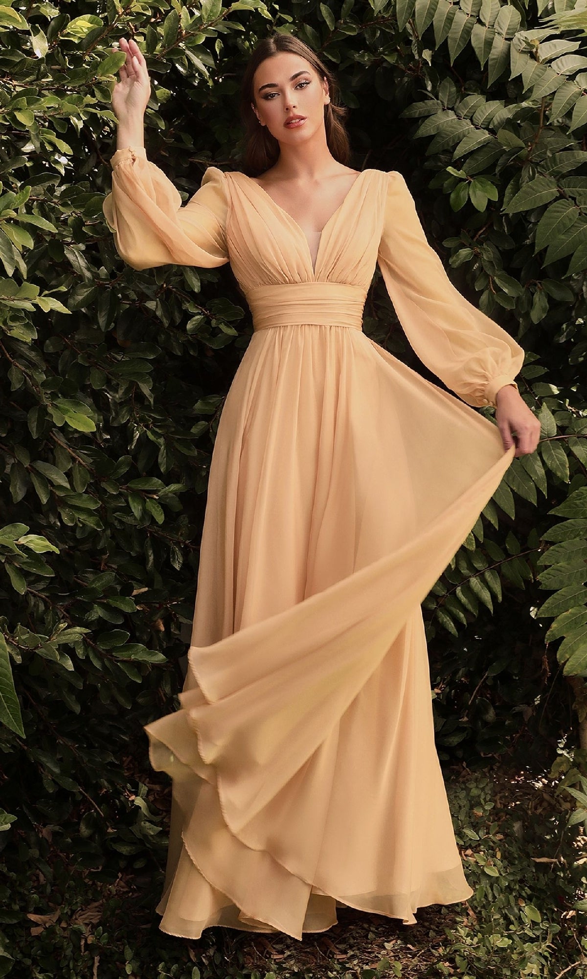 Flowy Long A-Line Prom Dress with Long Puff Sleeves Champagne / 5XLarge Flowy Long A-Line Prom Dress with Long Puff Sleeves Champagne / 5XLarge