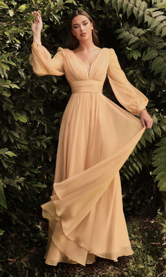 Flowy Long A-Line Prom Dress with Long Puff Sleeves Champagne / 5XLarge