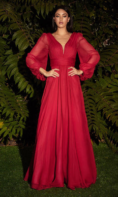 Flowy Long A-Line Prom Dress with Long Puff Sleeves Red / 4XLarge