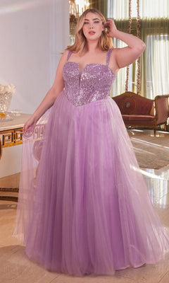A woman in the Plus-Size Sequin-Bodice Long Prom Dress CD0217C, featuring a fitted sequin bodice and flowing skirt, stands indoors near elegant furniture and large windows.