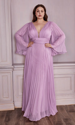 A woman stands indoors wearing the Long Sleeve Plus-Size Long Formal Dress CD242C in lavender, featuring flared sleeves and a deep V-neckline.
