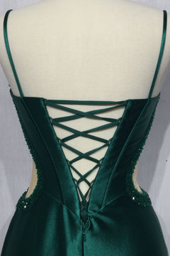 Back view of the Sheer-Side Strapless Long Prom Dress CD273 in dark green satin, featuring lace-up corset detail and beaded embellishments—an affordable formal gown ideal for your next special event.