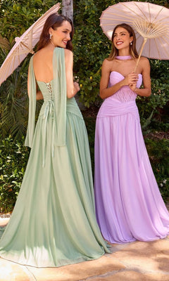 Two women stand outdoors with parasols, wearing floor-length pastel dresses—one in green with lace-up detail, the other in lavender: the Long Prom Dress Ladivine CD395, featuring a strapless sweetheart neckline and elegant corset bodice.