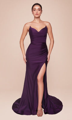 A woman models the puruple Lace-Up Strapless Long Prom Dress (Ladivine CD791), featuring a sweetheart neckline, booty-contouring ruching, high slit, lace-up open back, and floor-length train with nude heeled sandals.