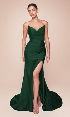 A woman models the Lace-Up Strapless Long Prom Dress (Ladivine CD791) in emerald green, featuring booty-contouring ruching and a thigh-high slit, standing against a plain beige background.