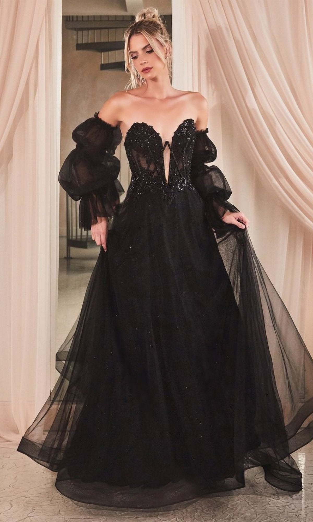 Strapless Long Prom Ball Gown with Removable Sleeves Black / 10 Strapless Long Prom Ball Gown with Removable Sleeves Black / 10