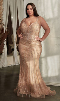 Plus-Size Long Beaded Lace-Up Prom Dress CD845C
