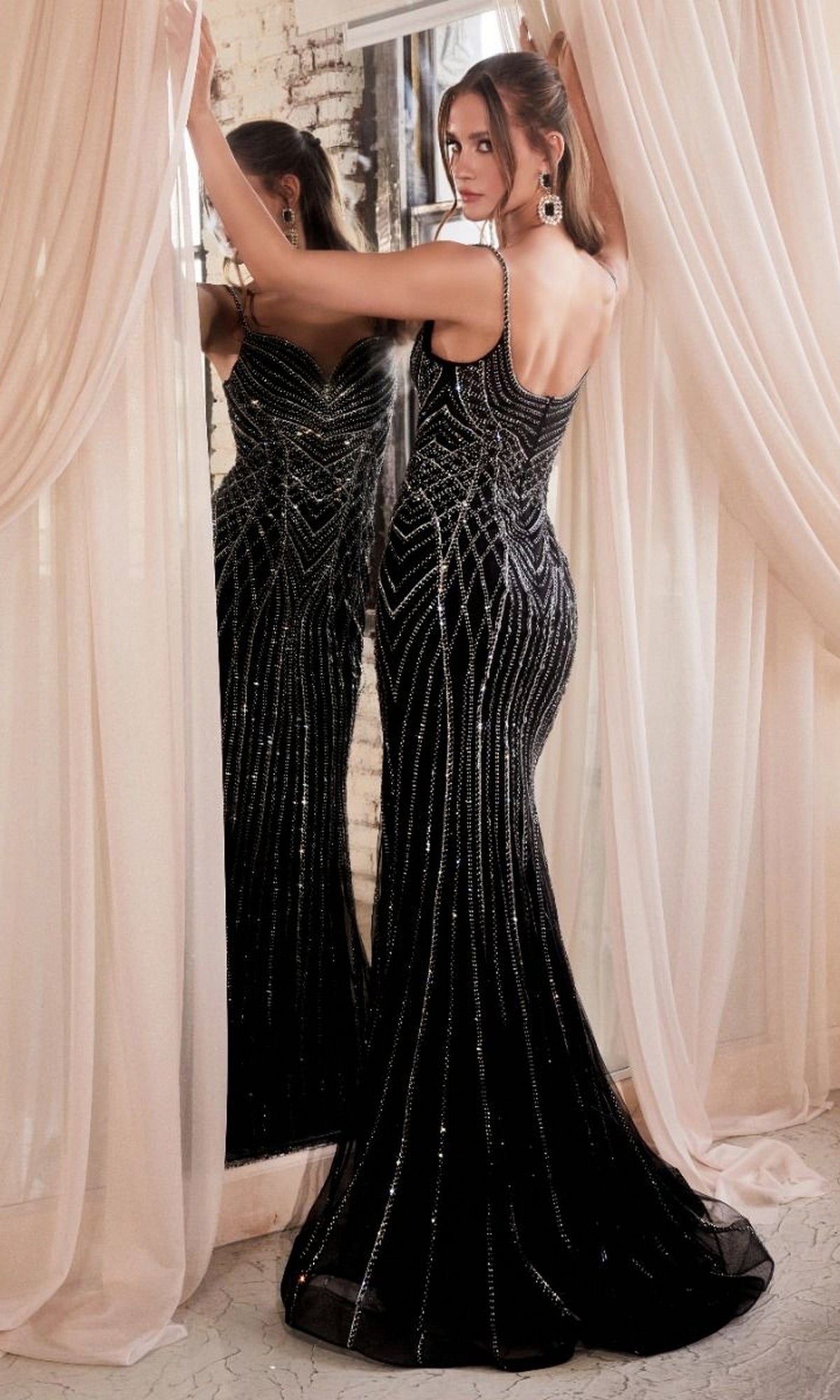 Silver-Beaded Long Black Formal Dress CD846