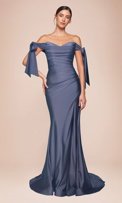 A woman wears the Ladivine CD943 Off-Shoulder Ruched Prom Dress in smoky blue, featuring ribbon-tied sleeves and a floor-length silhouette, standing against a neutral background.