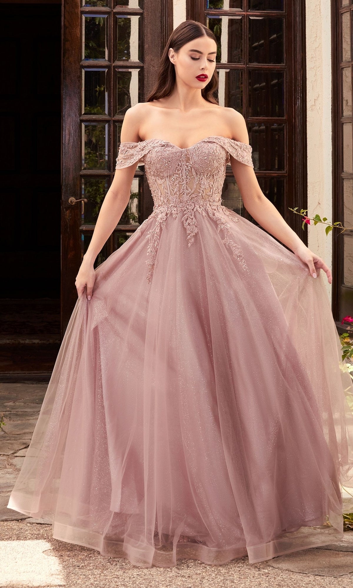 A woman stands outside in front of glass doors, wearing the Sheer-Bodice Long Glitter Prom Ball Gown CD961 with a fitted embroidered bodice and flowing tulle skirt—an elegant A-line evening dress perfect for making an entrance.
