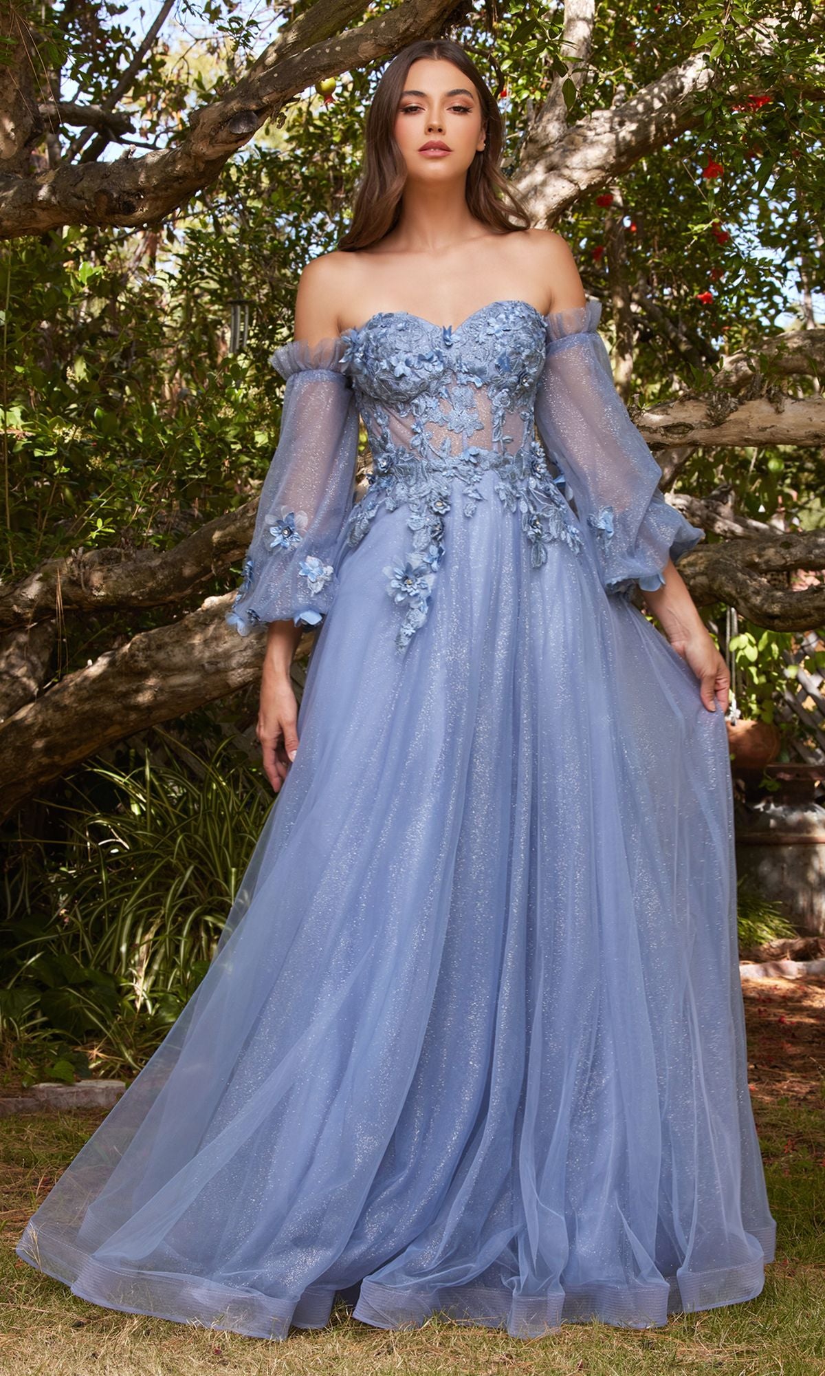 Strapless Long Prom Dress with Puff Sleeves - PromGirl
