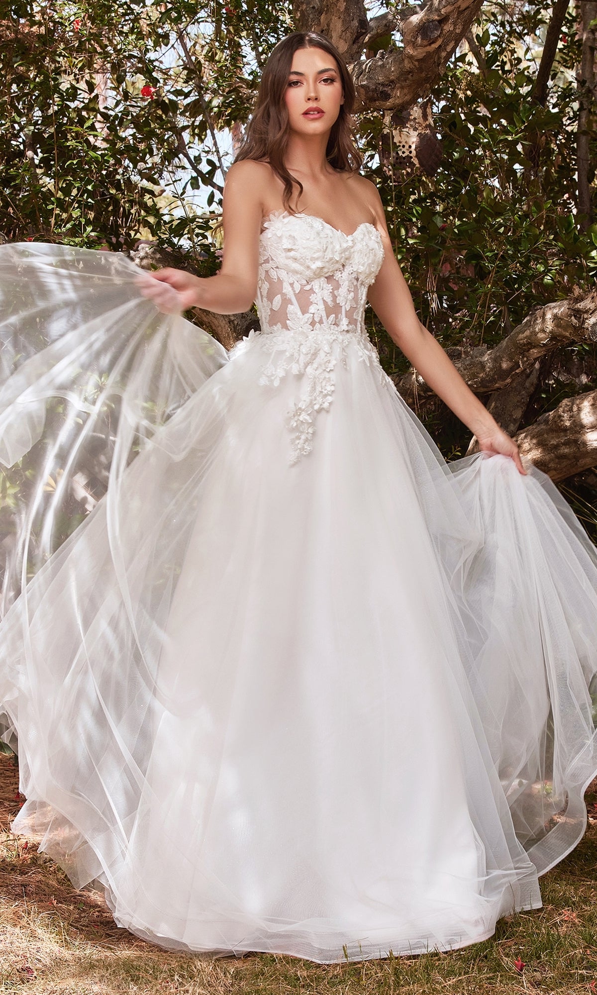 Puff-Sleeve Strapless Long White Bridal Gown CD962W Off White / 2