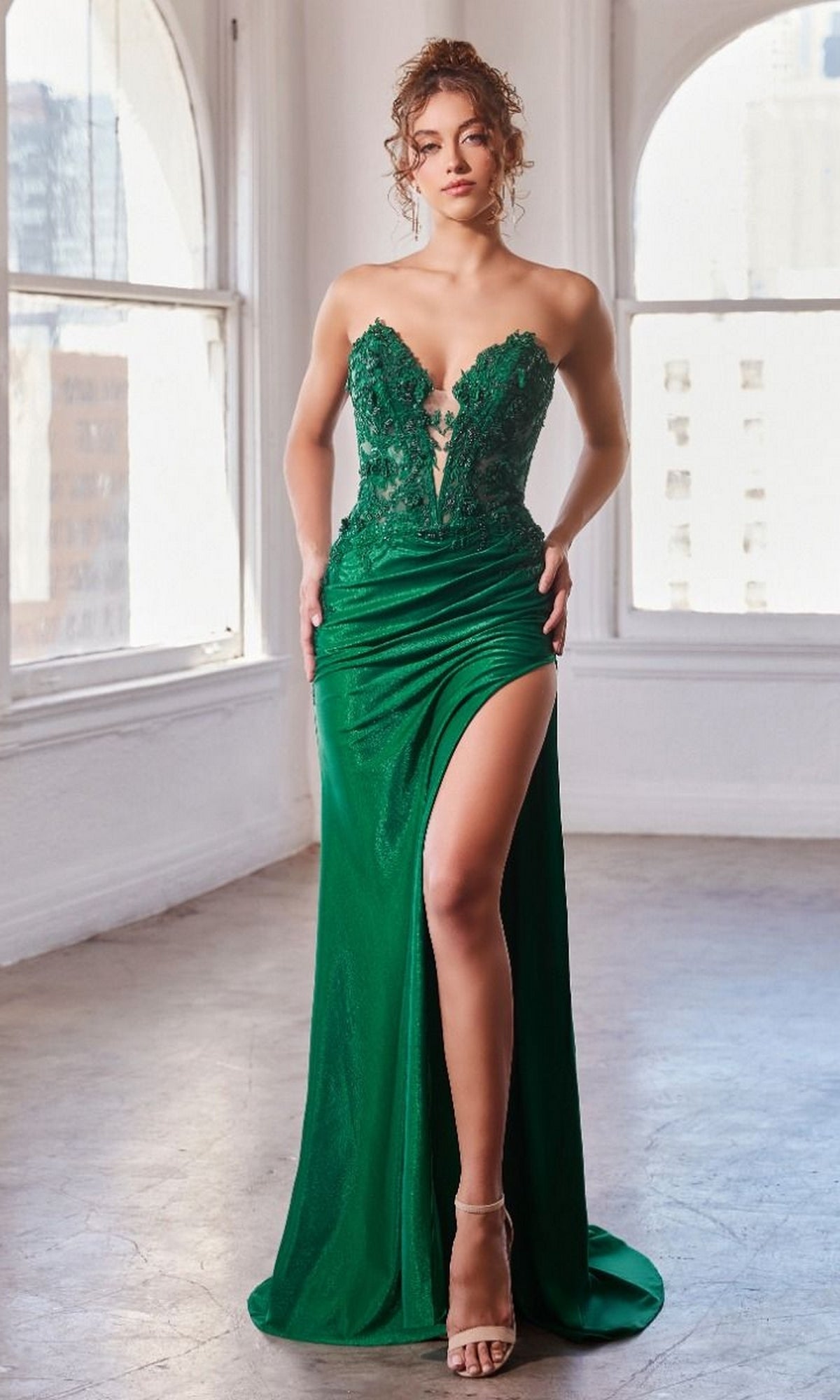 Lace-Bodice Strapless Long Prom Dress CDS465 Emerald / 2