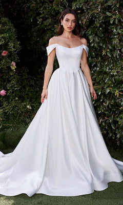 Off-the-Shoulder Long White Wedding Dress with Pockets Off White / 6 Off-the-Shoulder Long White Wedding Dress with Pockets Off White / 6