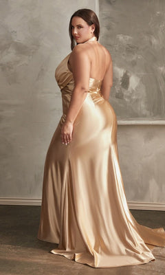 A woman wears the Side-Sash Plus-Size Long Halter Prom Dress CH079C, standing before a textured gray wall and looking over her shoulder.