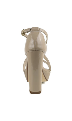 Rear view of Chloe Nude Shimmer Prom Shoes: Touch Ups 4646—beige patent leather open-toe sandals with block heels, ankle strap, and buckle closure—ideal nude shimmer heels for prom.