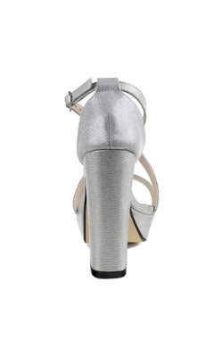 Rear view of Chloe Silver Shimmer Prom Shoes: Touch Ups 4647—high-heeled sandals with an ankle strap and textured finish, perfect for prom—shown against a white background.