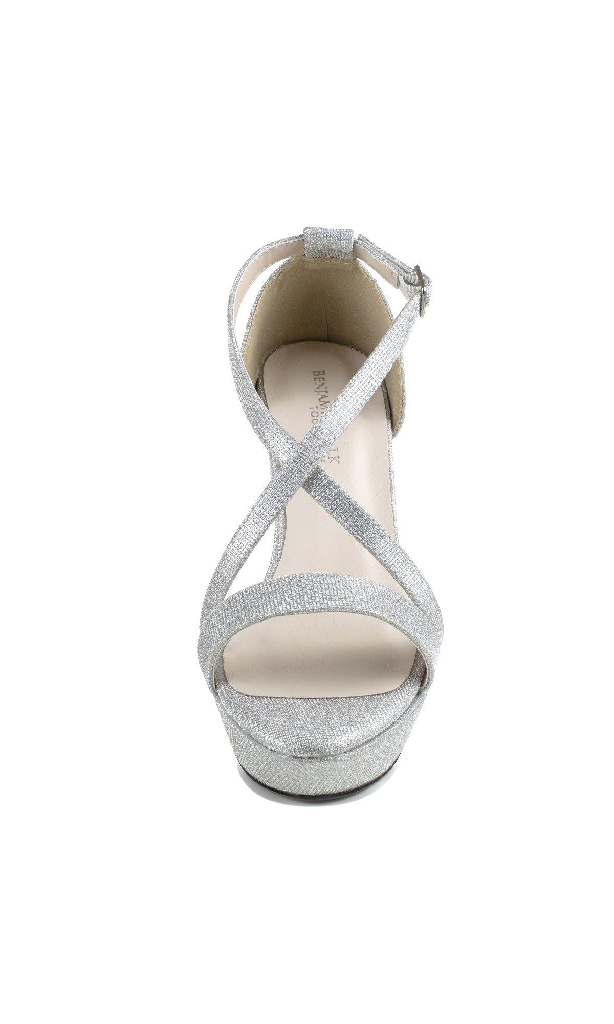 Front view of Chloe Silver Shimmer Prom Shoes: Touch Ups 4647—an open-toe sandal with crisscross straps, buckle ankle closure, and elegant block heels, ideal for a stylish prom look.